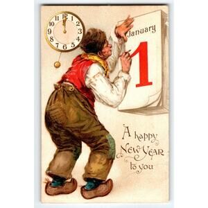 New Year Postcard Tuck Frances Brundage Clock At Midnight Series 12 Germany 1908